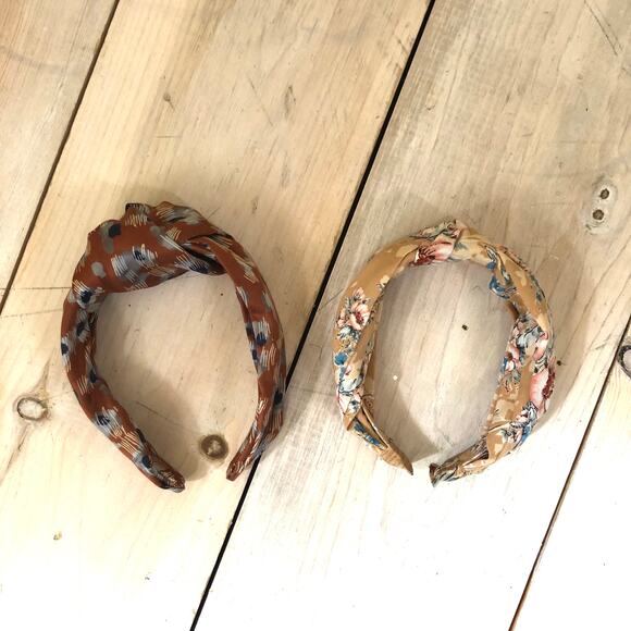 Anthropologie Set of 2 EUC Knotted Headbands Yellow Floral and Brown Feather - Picture 1 of 5